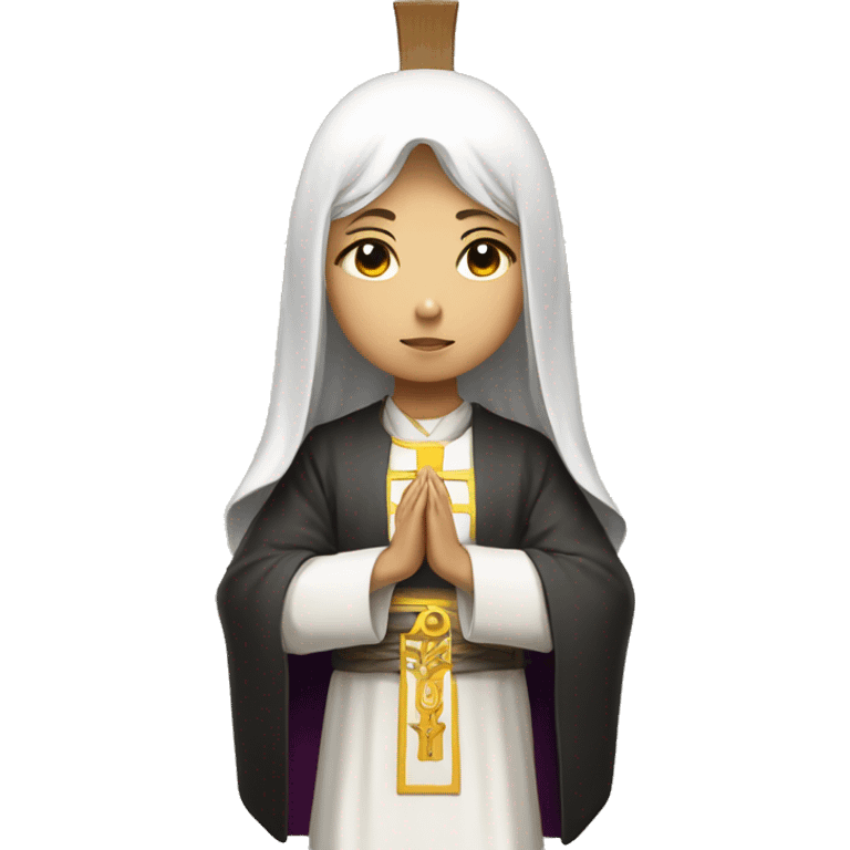 Young white ASIAN femail Priest, with Ankh on vestments, in prayer emoji