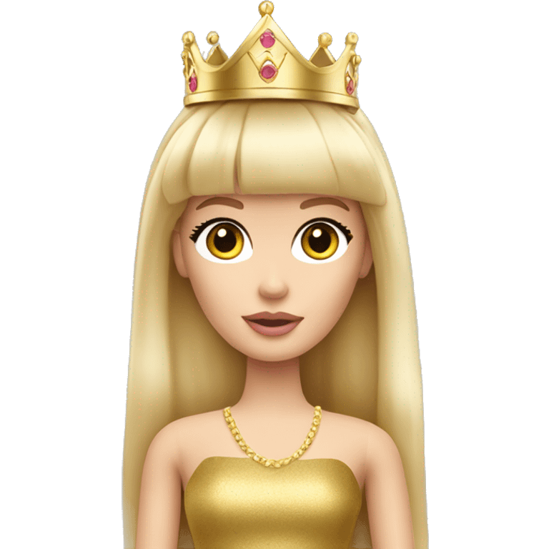 Blonde Barbie with full bangs and long hair and hazel eyes wearing a gold crown emoji