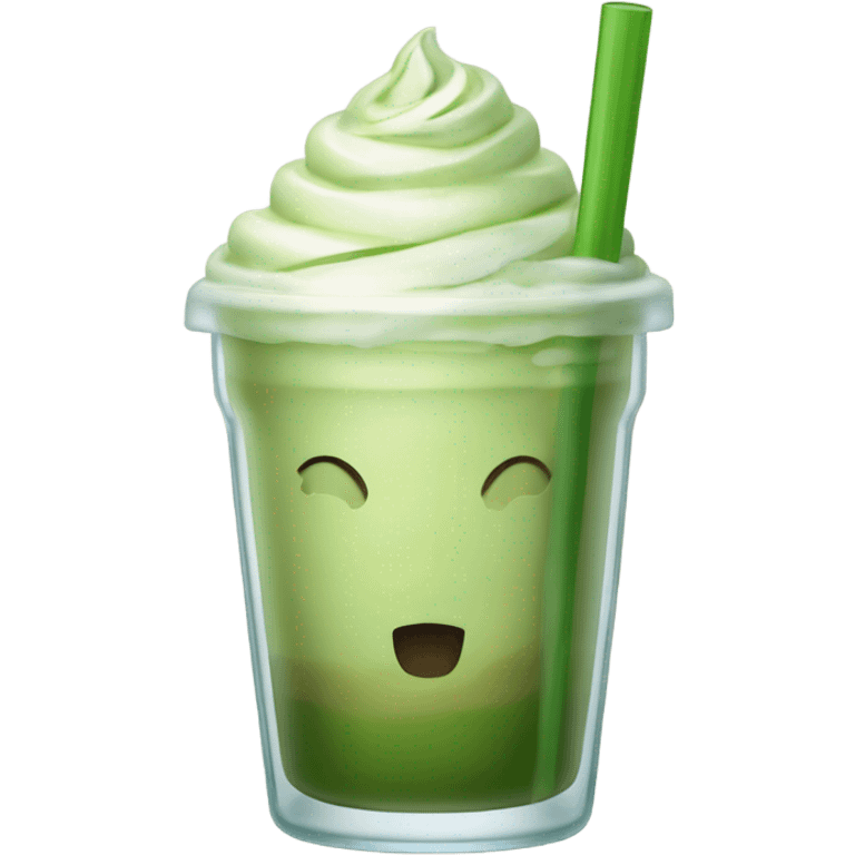 Matcha latte drink in rounded glass with ice and glass straw that folds towards you emoji