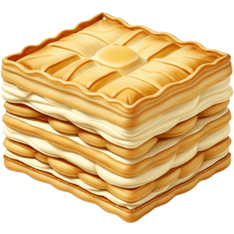 Mille-feuille Cinematic Realistic Mille-Feuille Dessert Emoji, depicted as a delicate pastry composed of two crisp layers of puff pastry with a rich cream filling, rendered with intricate textures and elegant, soft lighting. emoji