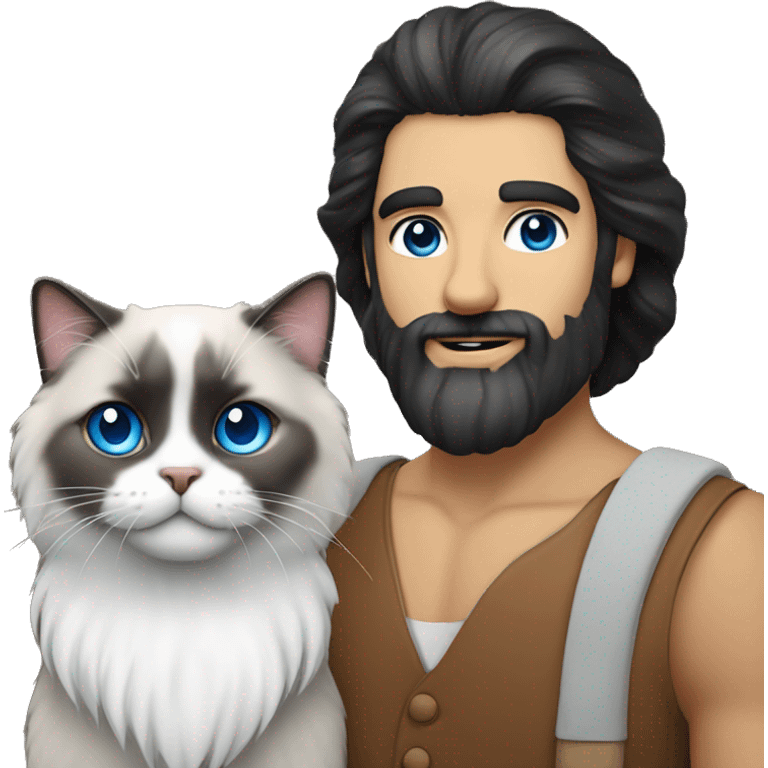 Black hair and beard turkish man with white blue eyed ragdoll cat  emoji