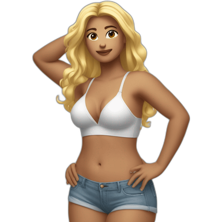 Slim-thicc Caucasian woman small bra hands-in-hair pose (beach body) full body emoji