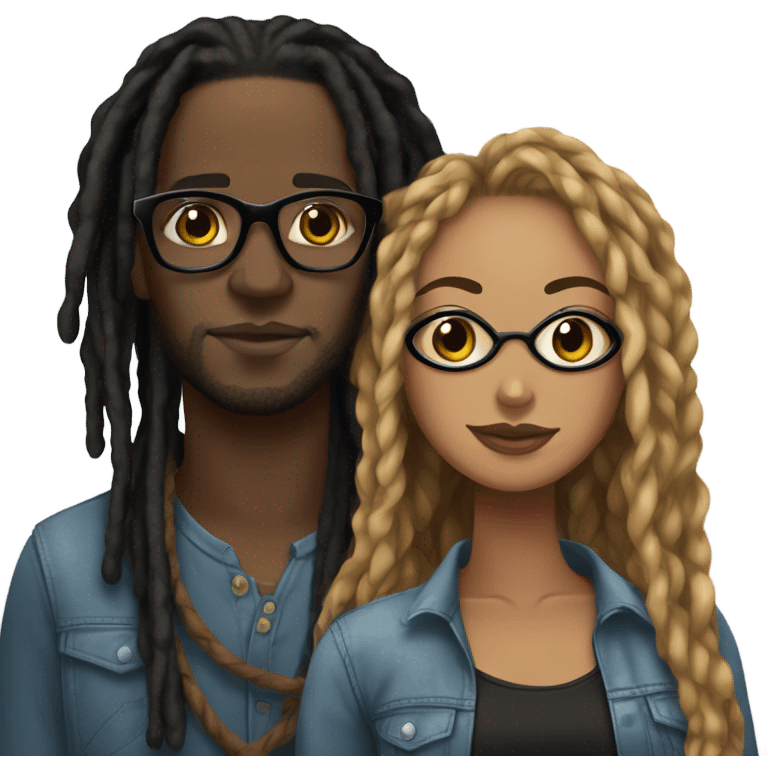 black couple with locs, light skin with long black locs, dark skin with glasses and BLACK locs tied up kissing emoji