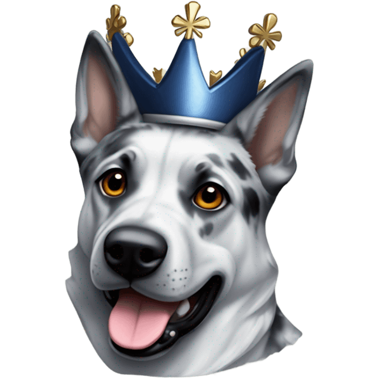 A malinois dark blue merle color with a crown on his head emoji