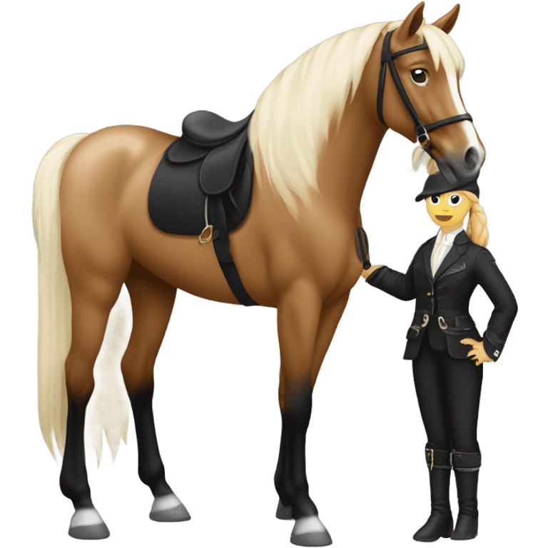 Un cheval Palomino qui cours il a un tapis noir à paillettes sur le dos, sa cavalière qui est sur lui est une fille blanche avec les cheveux marrons elle porte un pantalon noir et une veste de sport noír emoji