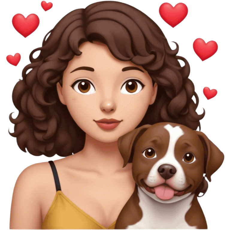 20 year-old young woman with brown hair, medium to dark brown hair, semi long with a little curl and not skinny not fat just a little pudgy sits in the floor with her dog who is a medium brown that looks maybe like a little pitbull in it with hearts, flying all around as she loves on him emoji