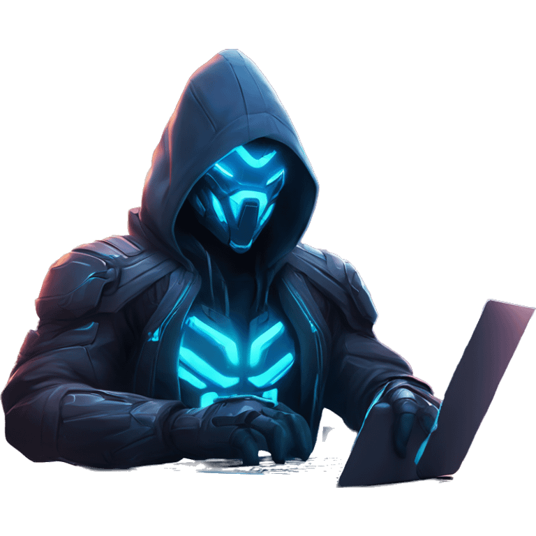 developer behind his laptop with this style : crysis Cyberpunk Riot Games Valorant neon glowing bright blue character blue black hooded assassin themed character emoji