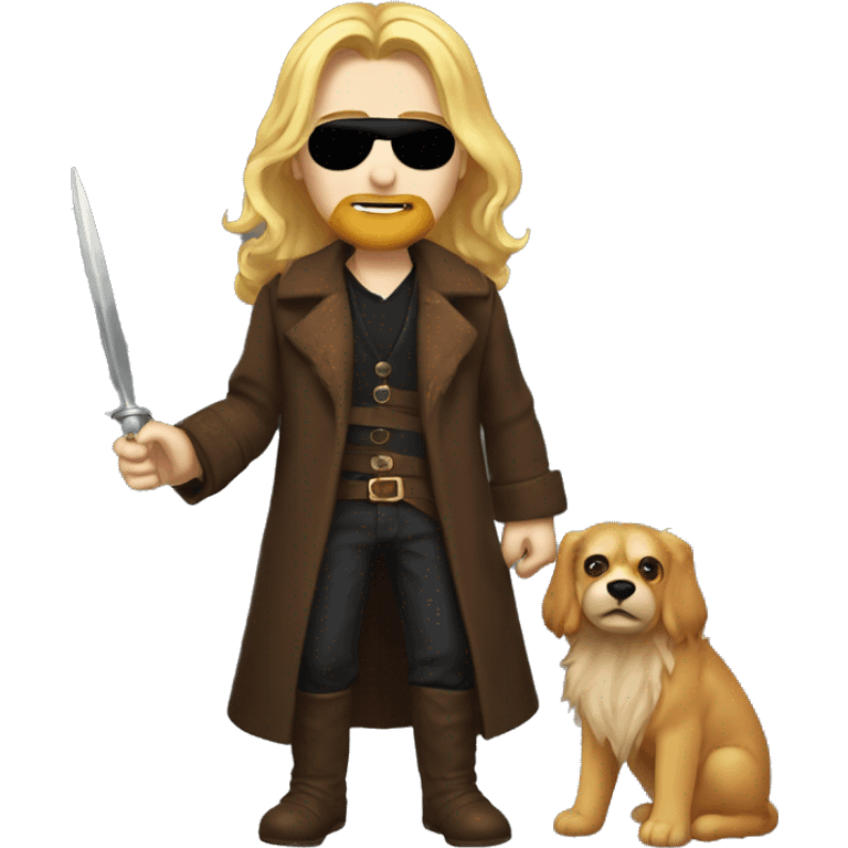 A young blonde man with long hair and long beard, left red eye and a black right eyepatch holding a golden awl and earing a brown animal coat emoji