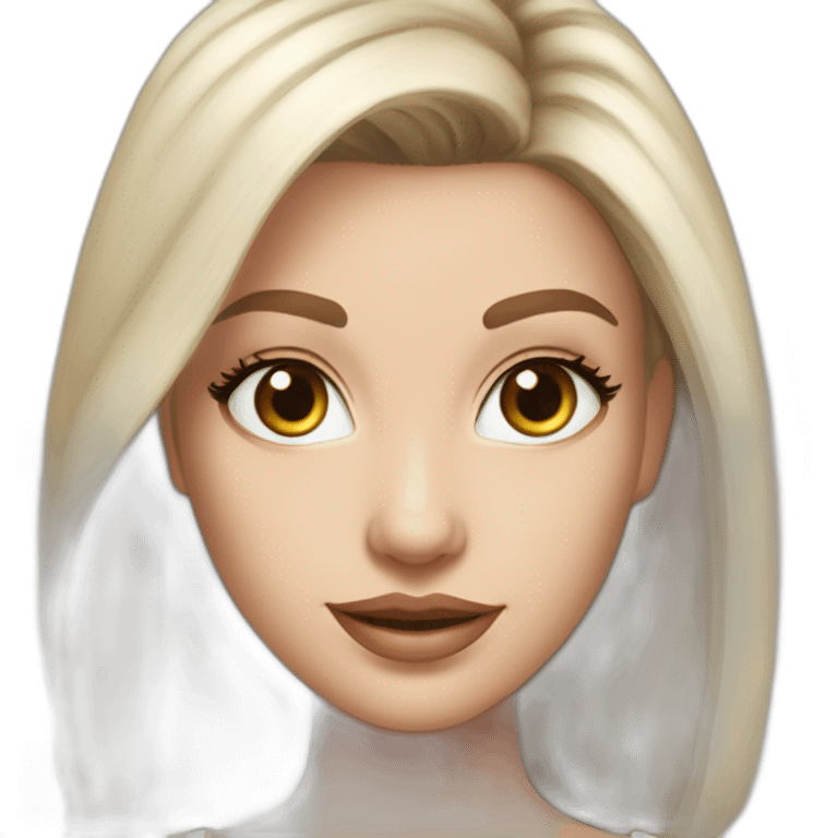 hyperrealistic caucasian long blonde hair brown perfect eyes woman white v-neck strapless top gray tight mini skirt walking towards camera emoji