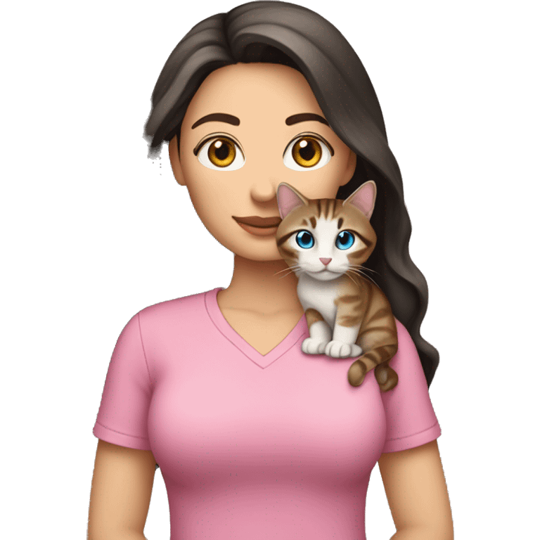 White woman with blue eyes and long dark hair wearing a pink shirt and holding a tabby cat emoji