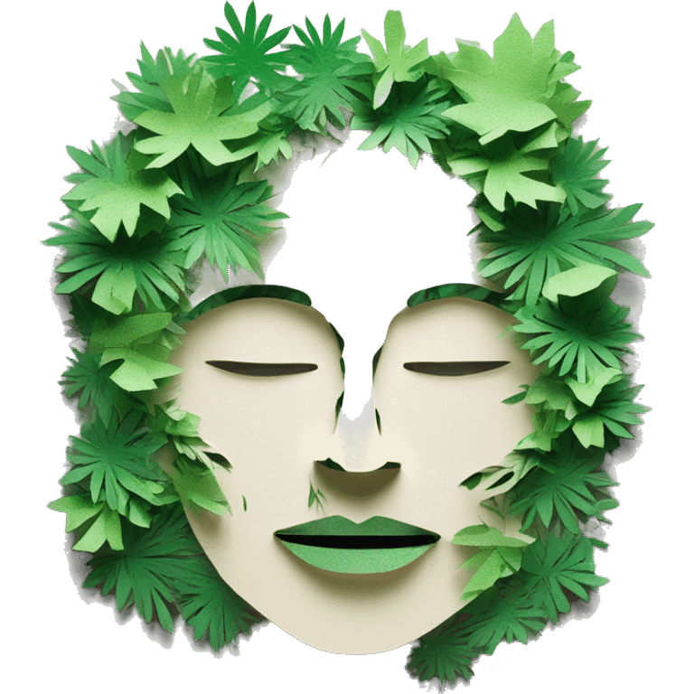 Person face portrait smoking chill made entirely of paper cuttings and 420 leaves and green flowers, holographic emoji