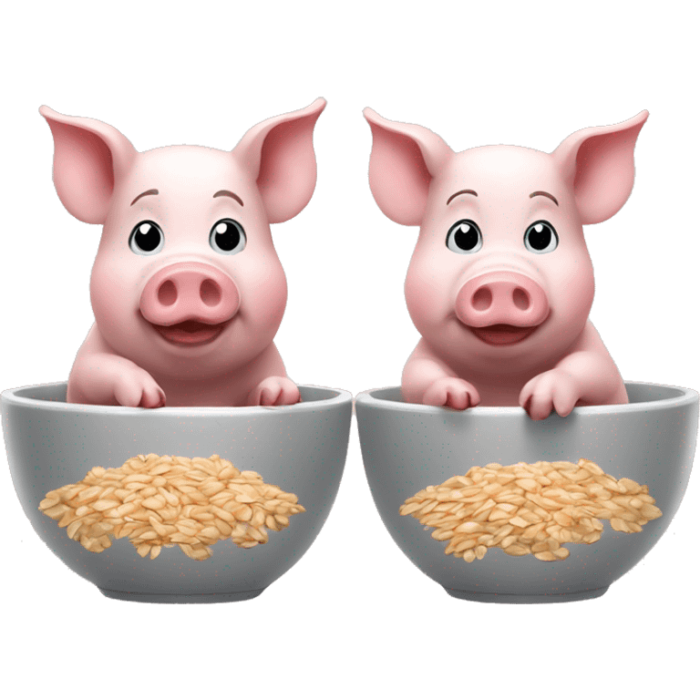 2 pigs, one eating oats, the other can't reach the bowl emoji