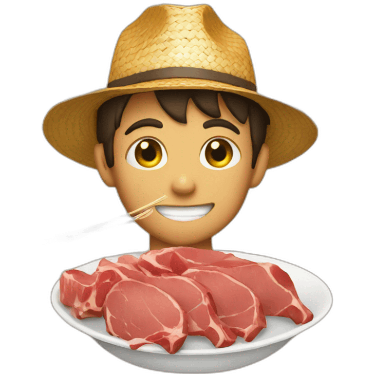 A boy with straw hat eating meat emoji