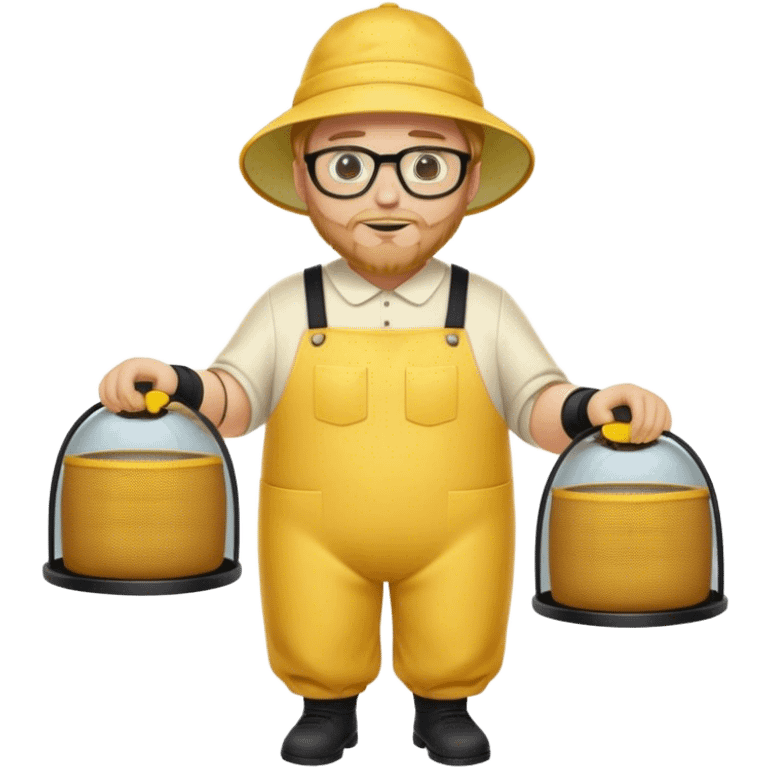 full body medium plus size male bee keeper in yellow and black with short light strawberry blonde hair and goatee wearing glasses with bee keeper hat emoji