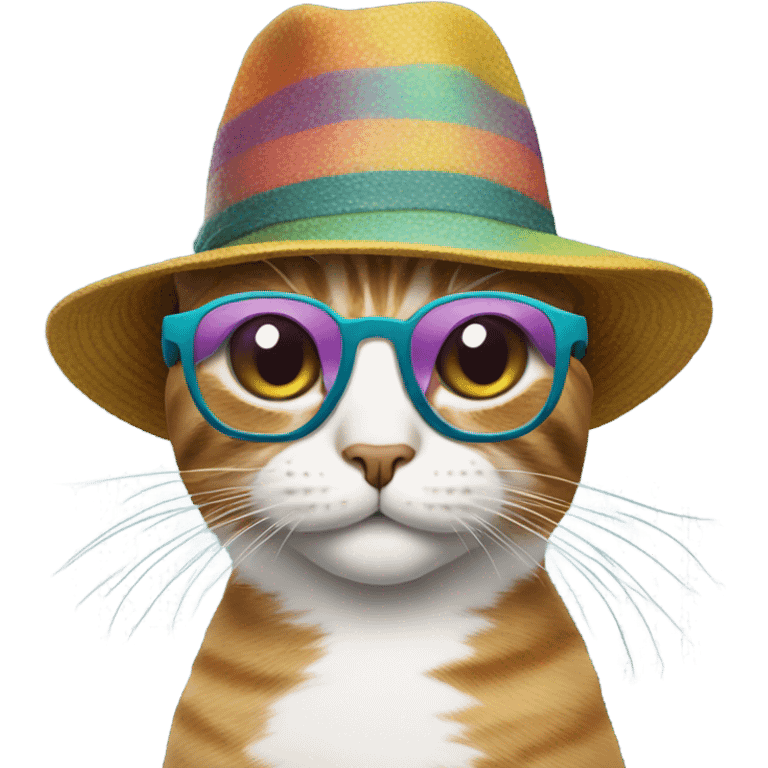 Cat wearing groovey glasses and a hat emoji