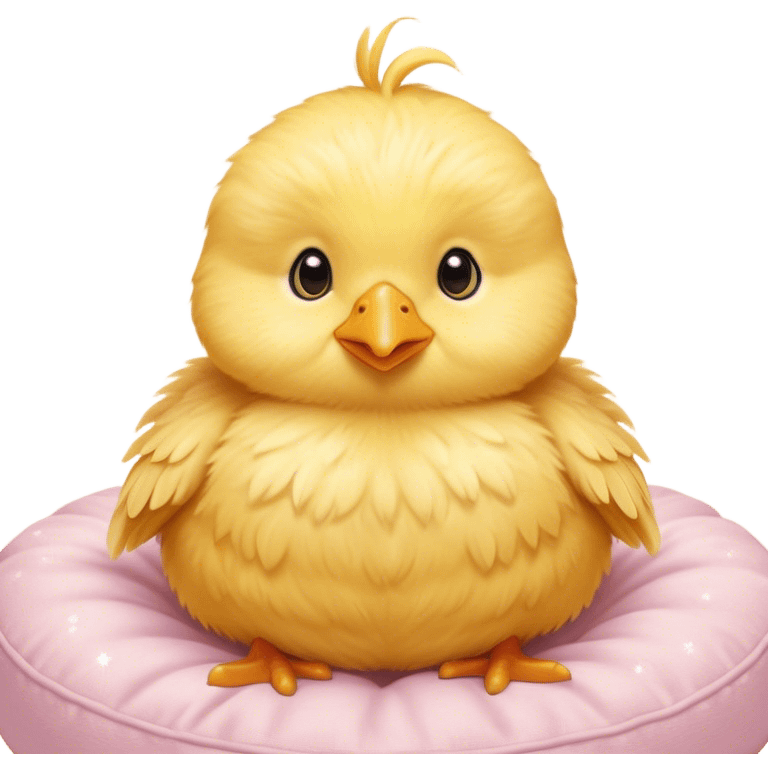 Cinematic round fluffy chick, golden yellow, tiny beak and feet, soft downy feathers, sparkling gentle eyes, sitting on a pastel-colored cushion, radiating warmth and sweetness. emoji