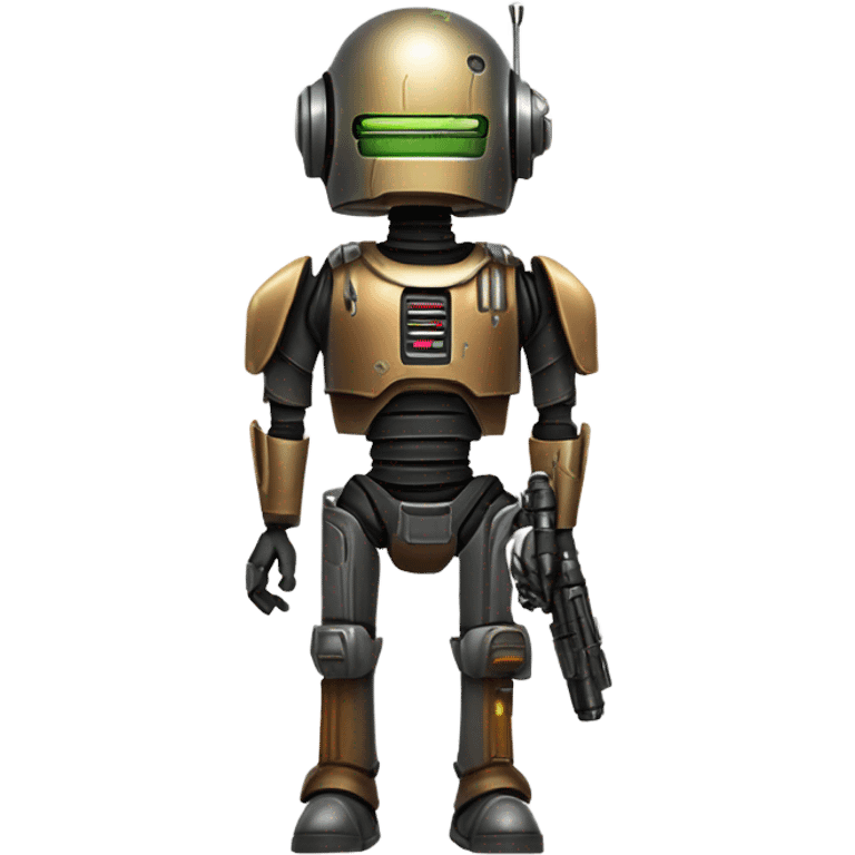 smiling bounty hunter protocol droid wearing backpack, saddlebags and light saber ready to fight emoji