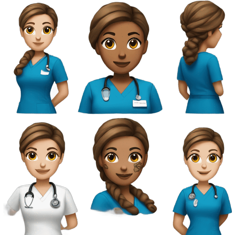 Women in blue scrubs white with brown hair in a bun with tattoos emoji