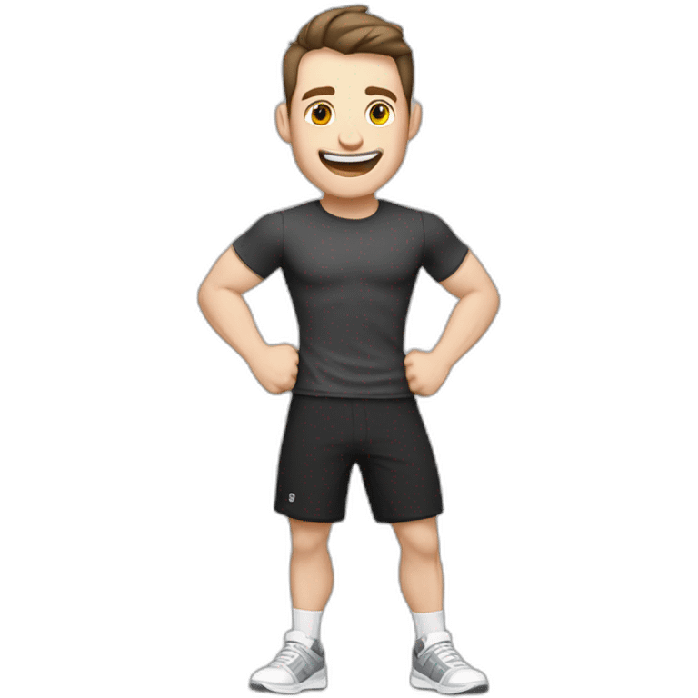 Joyful Celebrating victory Pale skinned Fit Man With the biceps and dark brown hair in black shirt, gray sports shorts and white Sneakers emoji