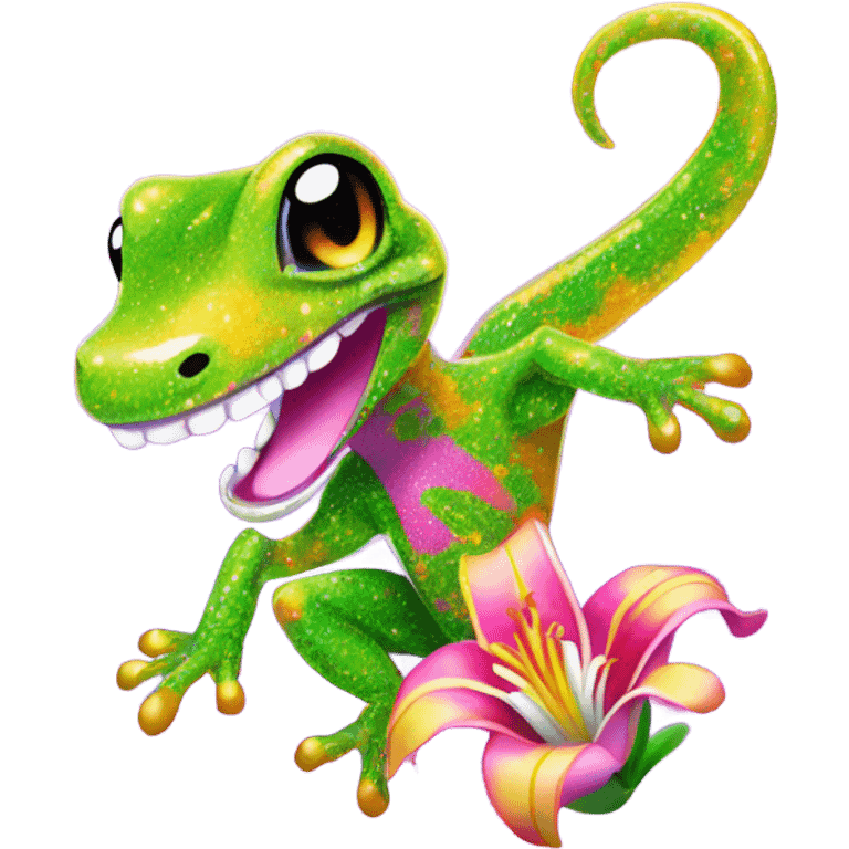 Lisa frank glitter gecko with a lily emoji