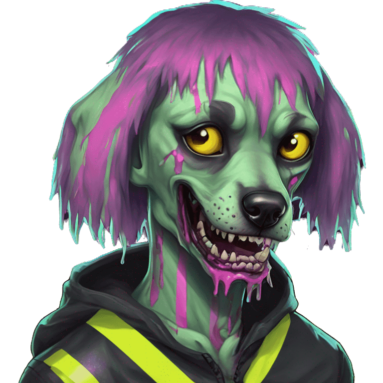 .Zombie_ Vaporwave black holographic oilslick zombie dog yellow caution tape graffiti neon yellow stripes emoji