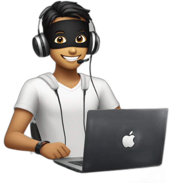 happy Indian teen gamer with headphones and black mask with apple computer in background emoji