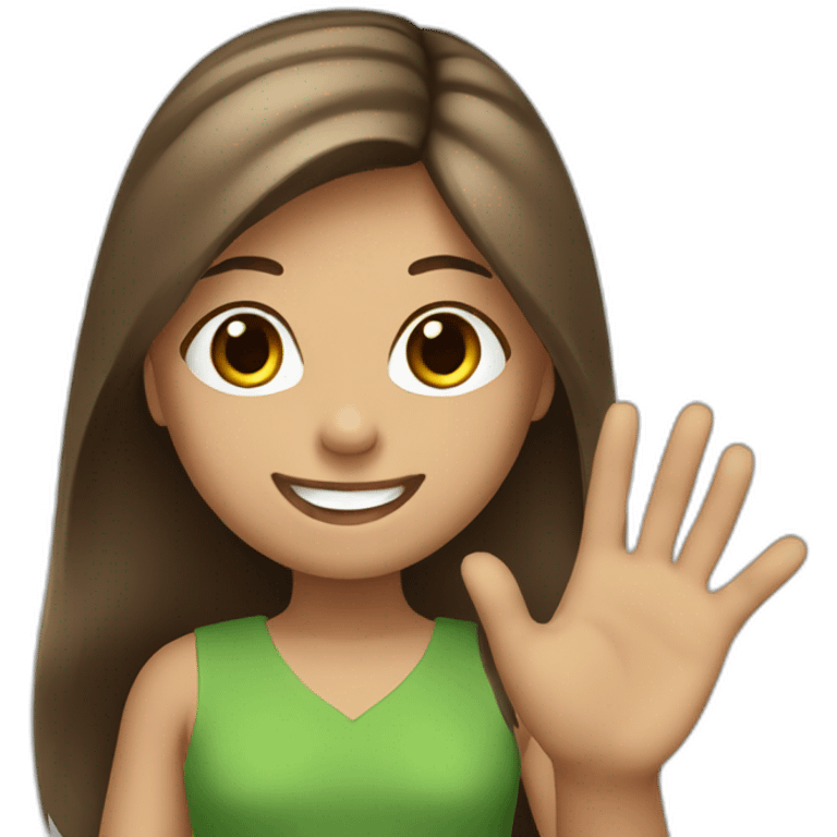 Girl with brown, long and straight hair smiling kindly and waving with the left hand, wearing a green dress emoji