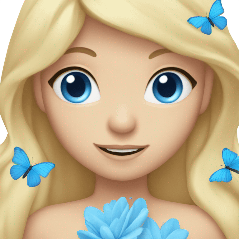 Face with blonde hair blue eyes butterflies and holding a blue heart emoji