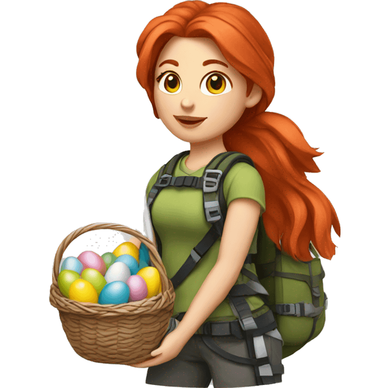 Female mountain climber red hair with Greek flag and holding Easter eggs basket emoji