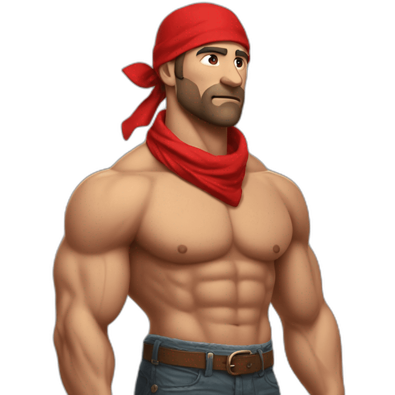 muscular man in red bandana standing sideways turns his head to face the viewer,torso emoji