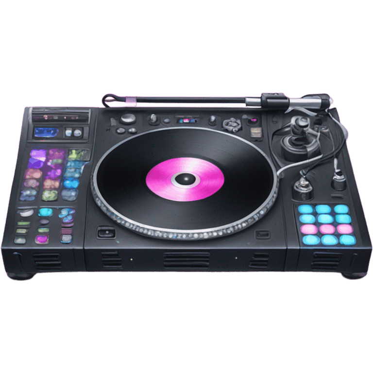 Realistic DJ turntable setup with pink,blue,and purple sparkling diamonds and rhinestones on it and sound console in the middle. emoji