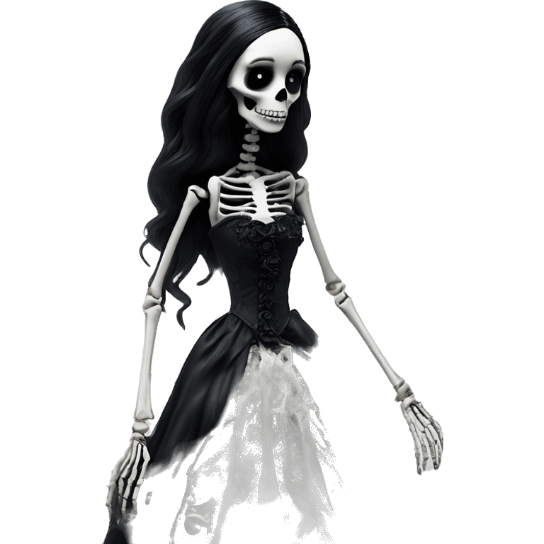 full height skeleton, tim burton "corpse bride", thin porcelain doll with a cracked face, goth makeup watery eyes, long hair, lace and ruffles, lolita style, inked, black and white, red roses, gothic castle with roses emoji