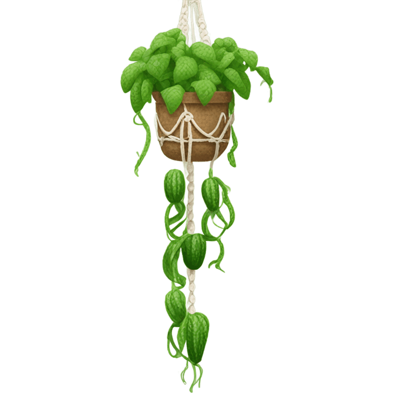 Hanging macrame plant with cucumbers growing down  emoji