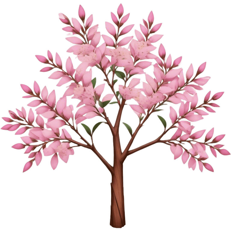 Cinematic Realistic Melaleuca Emoji, Elegant and resilient, with peeling, papery bark and delicate, needle-like leaves. The tree stands tall and graceful, with clusters of white and pink flowers dotting the branches. Soft glowing outline, capturing the essence of natural elegance and resilience in a beautiful melaleuca tree! emoji