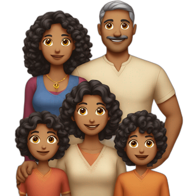 indian family with one dad and one son straight hair and one mom and one daughter curly hair emoji