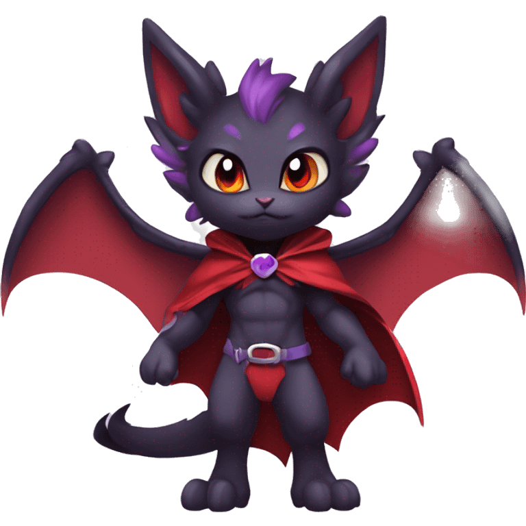  Black Red Purple Chibi Kawaii Edgy Cool Vampiric Demonic Beautiful Noivern-Nargacuga-Litten with big Bat Ears and wearing a cape and collar full body emoji