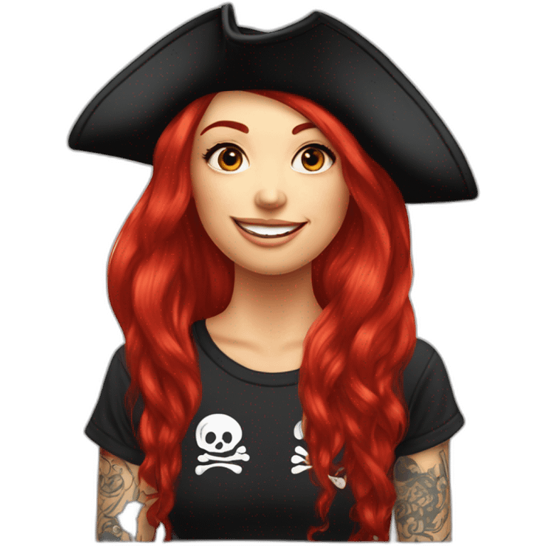 Woman long red hair hanging to one side in a platt, tattoo on side of head.  pirate hat. skull and crossbones t shirt emoji