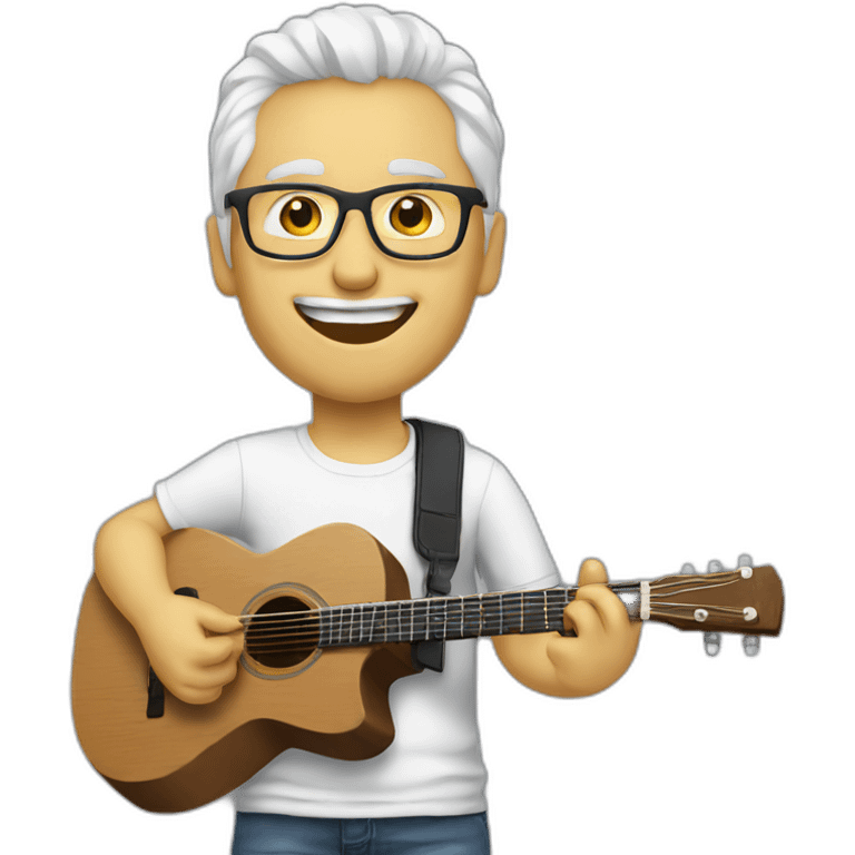 guy with glasses white hair playing guitar with html shirt emoji