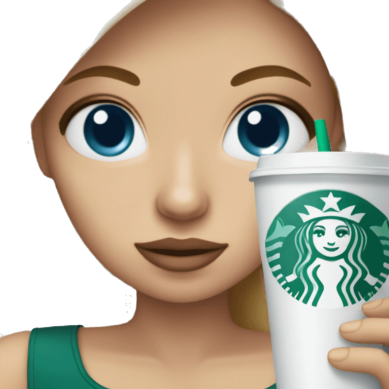 blonde girl blue eyes with Starbucks cup drink emoji