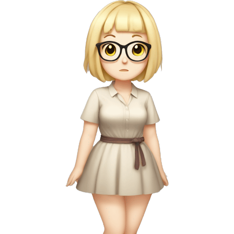 Chubby anime girl with glasses and short blond hair, full body wearing cute dress emoji