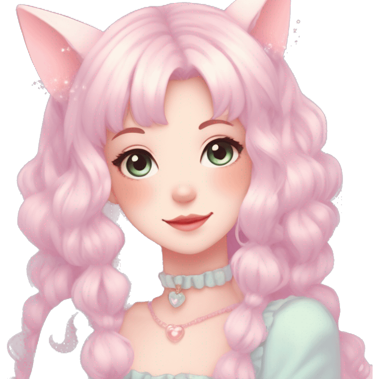 Gorgeous pastel anime style lady with blushing face and cat ears cottagecore fairycore pastelcore colorful pearly romantic simplistic aesthetic trending style emoji