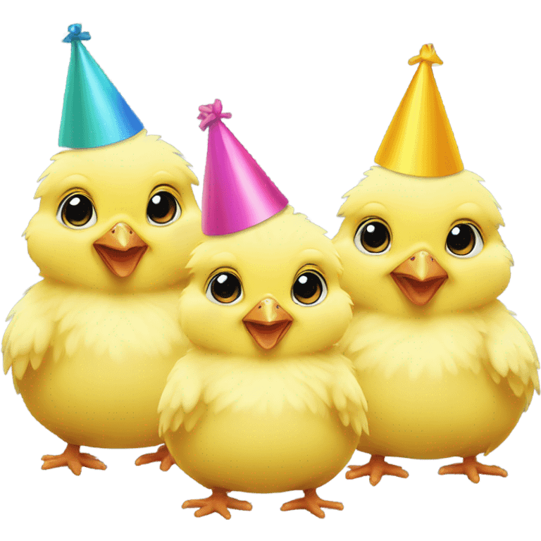 4 baby yellow chickens, wearing party hats emoji