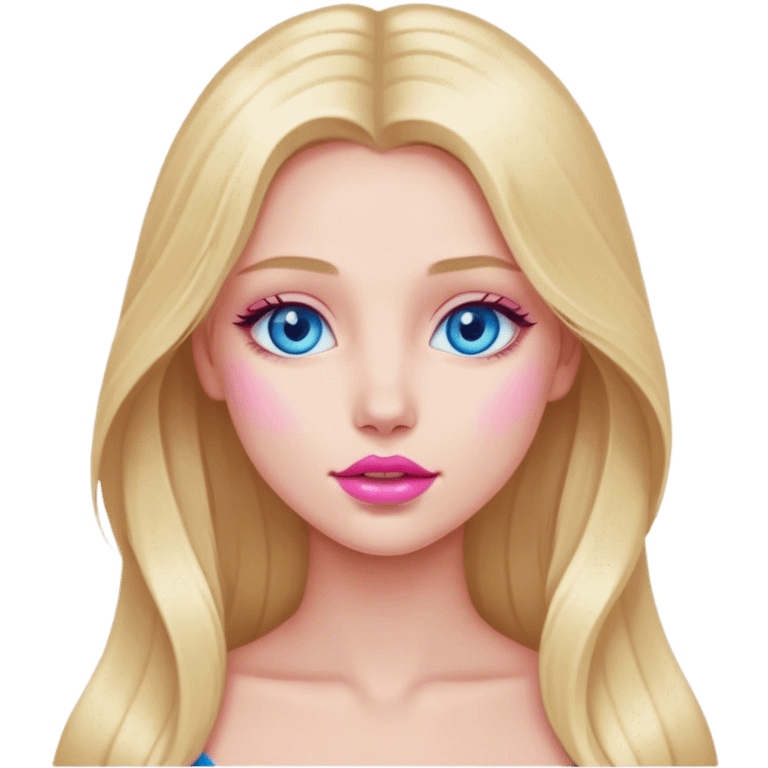 A beautiful blonde girl with long hair, blue eyes, pink lips is touched emoji