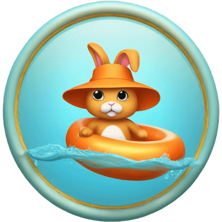 A orange bunny in a swimming ring wearing animal slippers and a top hat  emoji