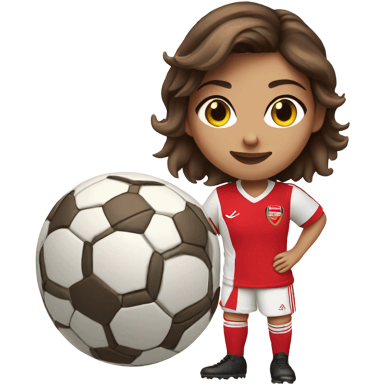 Pretty woman wearing an Arsenal jersey with short brown hair kicking a soccer ball emoji