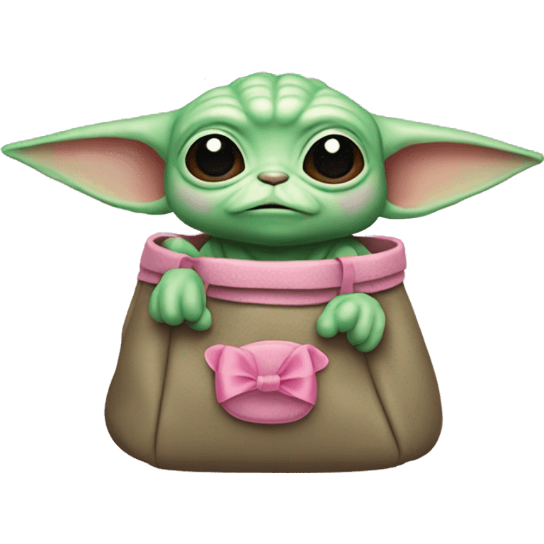 Grogu from star wars (green) with a pink cute ribbon at his ear and a pink bag emoji