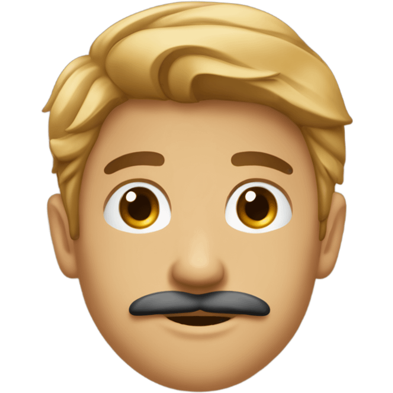 Homme de 20ans, cheveux attachés en queue de cheval, visage ovale, yeux marron, souriant avec une petite moustache  emoji