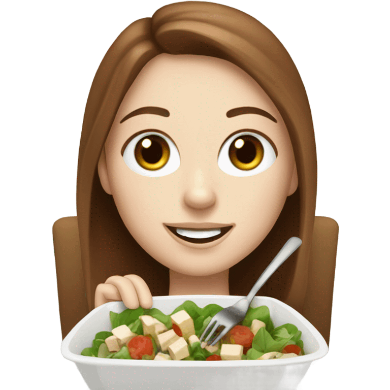 White girl Brown hair blue eyes freackles eating Tofu salad with fork emoji