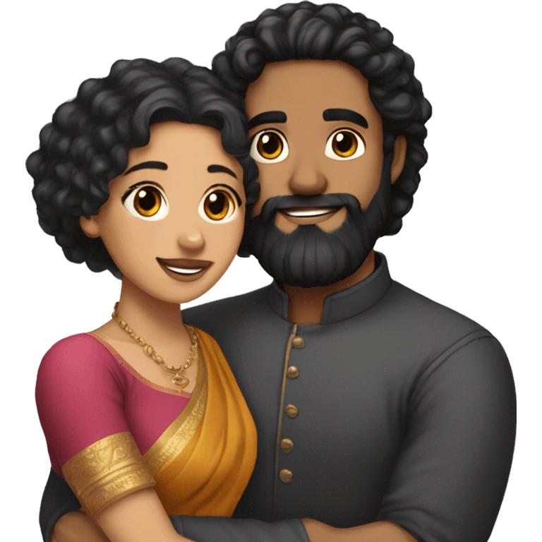 Light skin;Black long hair girl  in a saree hugging with a man with black beard and curly hair on top emoji