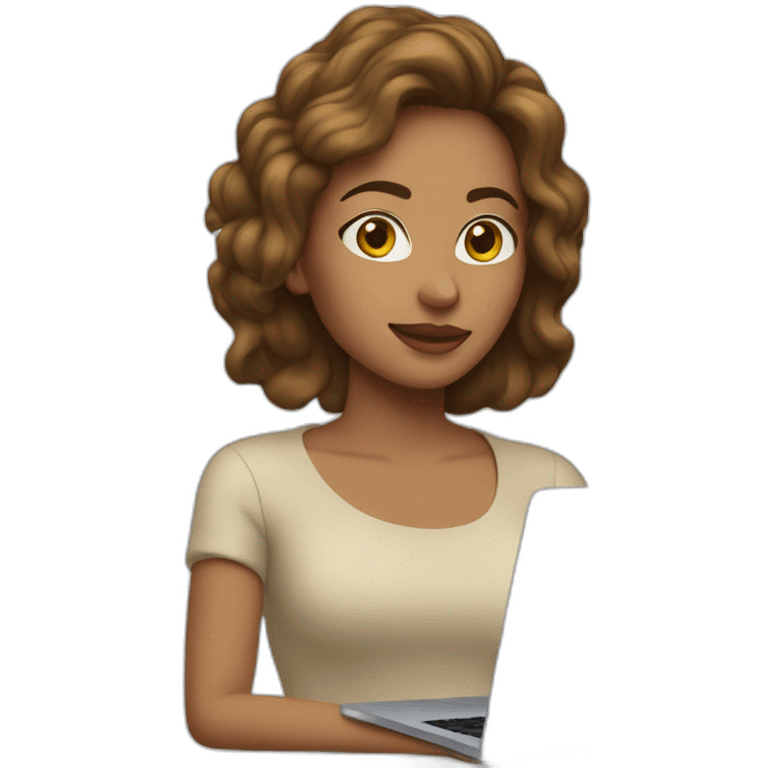 Mujer joven con cabello castaño claro con MacBook emoji